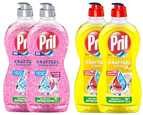 PRIL Kraftgel-Set 2x Power & Perlen Granatapfel & Orangenblüte & 2x Zitrone, Handgeschirrspülmittel-Set mit hoher Fettlösekraft, für sauberes Geschirr, 4x 450ml