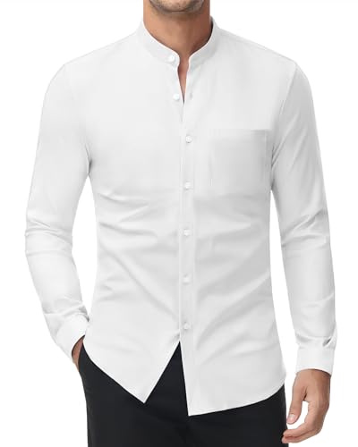 DEMEANOR Men's Collarless Dress Shirt Mandarin Collar Long Sleeve Button Down Shirts Formal Tops with Pocket All White M