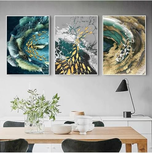 NXMYDBD Leinwanddrucke, Bild, abstrakte goldene Feder, Leinwandgemälde, blaugrüner Druck, luxuriöses Wandkunstbild für Wohnzimmer, 70x90cm (28x35 Zoll) x3, ungerahmt