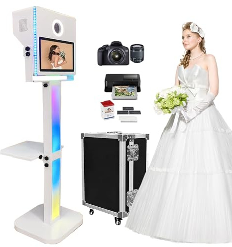 Cabine photo miroir avec imprimante et appareil photo reflex numérique portable à écran tactile de 15,6 avec lumières RVB pour fête de mariage, événements, location, Noël (blanc ensemble complet)
