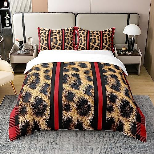 Loussiesd Leopard Bettwäsche Geparden Drucken 100% Baumwolle Bettwäsche Set 135x200cm für Kinder Wild Tier Rot Geometrie Streifen Safari Bettwäsche Schlafzimmer Dekor 2Stück Reißverschluss