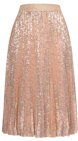 GRACE KARIN Gonna da donna, linea ad A, con paillettes, con plissettato, elegante, gonna a pieghe, albicocca, XL