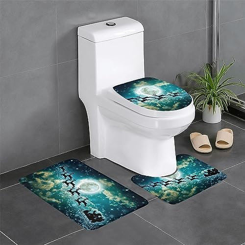 Weihnachts-Badematten-Set aus Flanell, bedruckt, rutschfest, 3 Stück, 60 x 40 cm, Badteppich-Set, Badematte + U-förmiger WC-Vorleger + O-förmiger Toilettensitzbezug