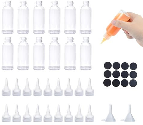 TOPCZY 12Pcs Clear Squeeze Condiment Bottles, Mini Sauce Bottles Dispenser, Liquid Dispensing with Funnel Label, Reusable Squeezy with Nozzles, Small Squeeze Bottle for Lotion Oil Crafts