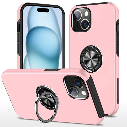 AIOVETEAB Coque pour iPhone 15, Antichoc Protection Anti-Rayures Bumper Housse Étui avec 360° Anneau Support pour iPhone 15, Rose