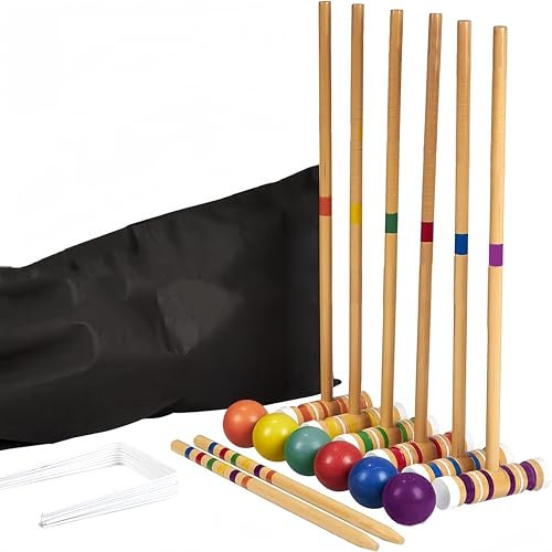 Gioco quadrato per croquet per sei giocatori, con 6 mazze di qualità, pali, palline colorate, obiettivi, una borsa portatile, famiglia all'aperto - prato, giardino, giochi del parco, adatto per