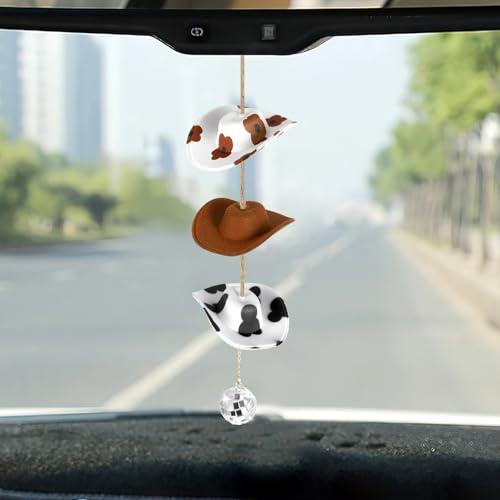 AutoZubehör zum Aufhängen Cowboyhut,Auto Anhänger Hut Swinging Auto-Spiegelaufhängung Car Accessories Rückspiegel Innen Dekoration Cowgirl Hänge Ornament Spiegel Charms Zubehör Lustige Geschenke,Braun
