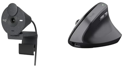 Logitech Brio 300 Full & Trust Yuno Wiederaufladbare Vertikale Maus, Kabellose