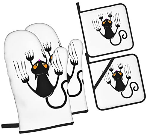 4 Pezzi Forno E Presine Guanti Scratch Cat Black Funny Guanti Da Cucina Divertenti Ultra Spessi Guanti Da Forno A Microonde Per Barbecue, Cucinare, Cottura Al Forno