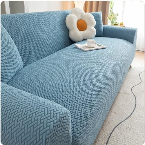 Hiseng Stretch Sofa Überzug, Jacquard Sofabezug 1-4 Sitzer Einfarbiger Couch Überzug mit Kopfkissenbezug All-Inclusive Sofa Cover, Sofaschoner für Wohnzimmer (Blau,3-Sitzer)