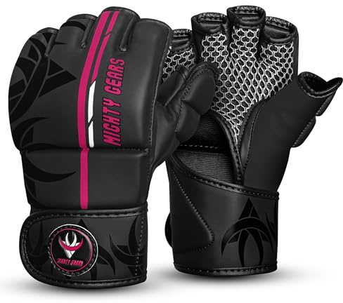 Mighty Gears Matte Black MMA Gloves Martial Arts Mitts Grappling Sparring Men Muay Thai Cage Fighting Boxing Combat Sports Women pink UFC Punching Bag Training