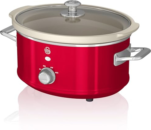 Swan Retro SF17021RNEU Olla Cocción Lenta 3,5L Recipiente Extraíble, Antiadherente Cerámica libre PFOA y PTFE, 3 Niveles Temperatura, Tapa Vidrio, Slow Cooker, Diseño Vintage, Rojo, 200W