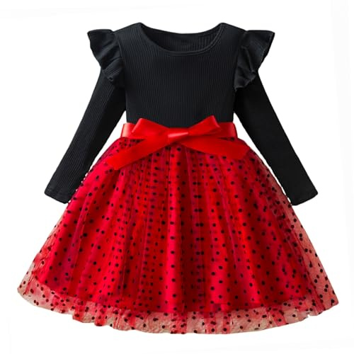 JiAmy Abiti in tulle per ragazze a costine top a maniche lunghe volanti casual autunno inverno con cintura vestito per bambini 3-8 anni, Rosso, 4-5 Anni