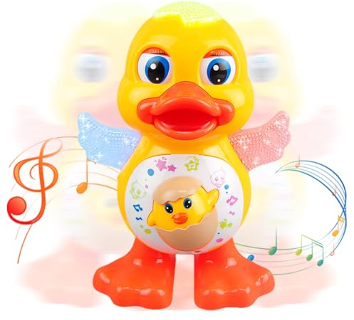 Erconsso Spielzeug Für Baby - Tanzende Gelbe Ente,Batteriebetriebenes Tier mit LED-Licht für Krabbelspiele Spielzeit Kinderwagen und Autositz