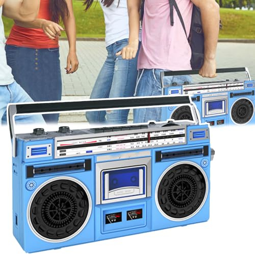 Boombox Retro con Bluetooth de los años 80, Reproductor de CD y Cintas, Compatible con Entrada SD/USB, con Radio Am/FM, grabación y transcripción con un Solo Clic.,Blue