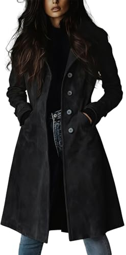 utcoco Womens Long Suede Trench Coat Single Breasted Leather Trench Overcoat with Pocket (Medium, Black)