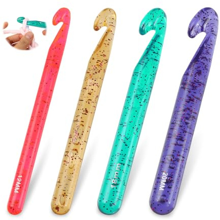 HMCEY 4 PCS Set di Uncinetti Ergonomici 12/15/18/20 MM,Uncinetto Trasparente per Principianti,Crochet Hook,Uncinetto per Mani Artritiche,Aghi per Uncinetti per Borse A Mano per Fai Da Te - 4 Colori