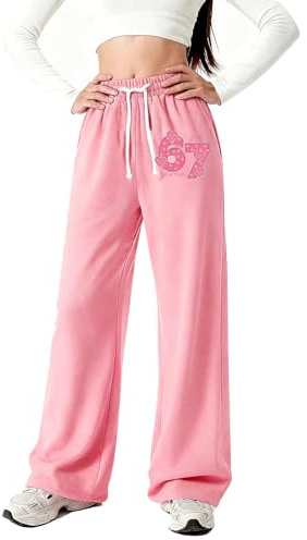 Flickor joggingbyxor med elastiskt 67 tryck, linning, lös passform, hög midja, dragsko, sport, joggingbyxor, ledig, komfort för barn, tonåringar, En rosa, 140