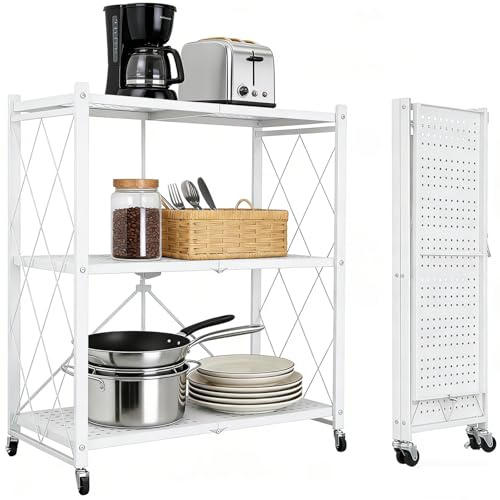 Topnewhome 3 Etagen Klappbares Regal mit Rollen,Faltbare Aufbewahrungswagen Einheit,Metallregal,Eignung Lagerregal,Klappregal für die Küche,Büro,Repository,Weiß