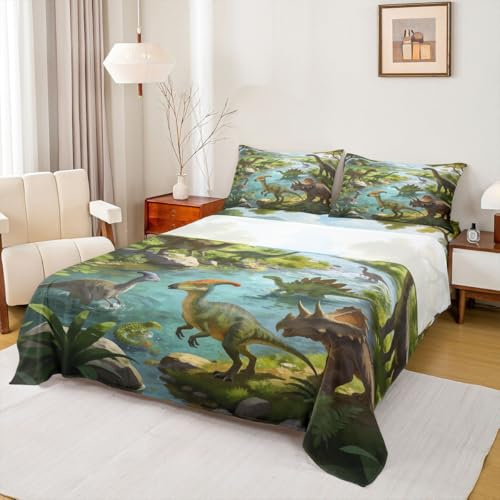 Castle Fairy Watercolor Dinosour Bed Sheets Queen Size,Jungle Animals Theme Bedding Set, Dino Ancient Animals Boys Girls Room Decor,Blue Green Sheet(Fitted+Flat+2 Pillowcases)