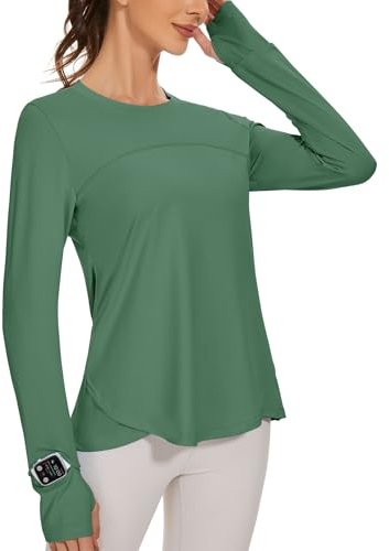 IECCP Magliette da allenamento per donna a maniche lunghe, top sportivo UPF 50+ anti-UV, rashguard con foro per il pollice e finestra di osservazione, Verde scuro, M