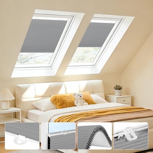 Grandekor Wabenplissee Plissee ohne Bohren Verdunkelung mit extra starken Saugnäpfen, Thermo Doppelplissee für Dachfenster & Fenster, Sonnenschutz Sichtschutz Isoliereffekt,Weiß-Grau 80x120cm