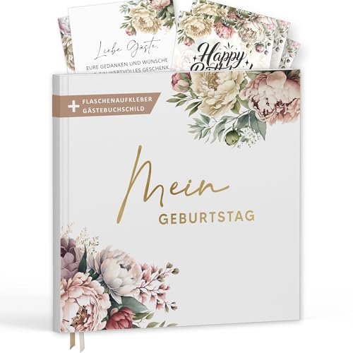 Gästebuch Geburtstag Pfingstrosen mit Goldprägung – Vintage Erinnerungsbuch ohne Fragen – Geburtstag Deko & Geschenk – inkl. Flaschenetiketten & Schild (Gästebuch Geburtstag / Pfingstrosen, 21x21cm)