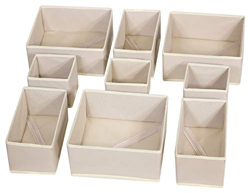 DIOMMELL 9 Pack Foldable Cloth Storage Box Closet Dresser Drawer Organizer Fabric Baskets Bins Containers Divider for Baby Clothes Underwear Bras Socks Lingerie Clothing,Beige 333