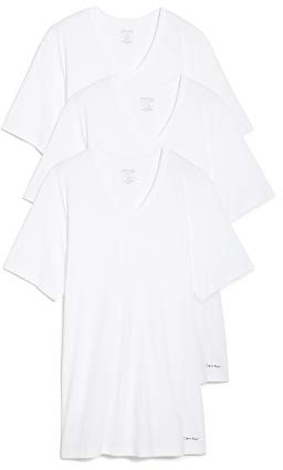 Calvin Klein Mens 100% Cotton 3 Pack Short Sleeve Slim Fit V Neck, White - Large