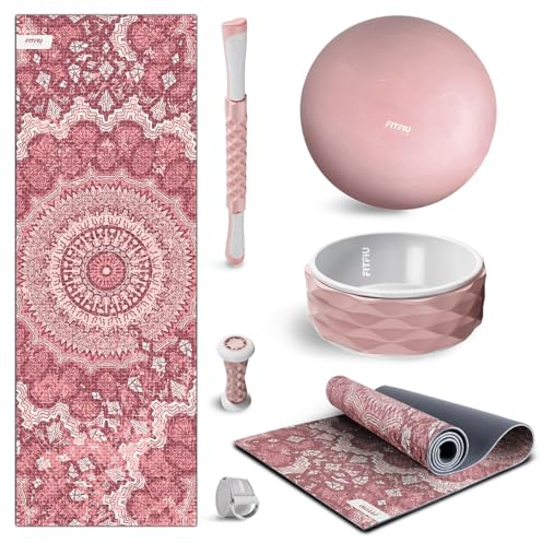 FITFIU Fitness KITWELL-600 Pack de 6 accesorios Yoga Pilates Color Rosa con Esterilla, Pelota, Rueda, Correa y 2 Masajeadores Incluye Guía de Ejercicios Wellness