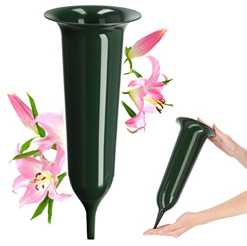 KADAX Gravvas, vas av plast, blomvas, plastvas för blommor, väderbeständig kyrkogårdsvas, frostsäker plug-vas för graven, väderbeständiga gravsmycken (12 cm, med markspett, grön)