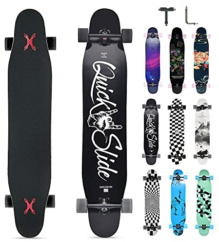 Opurtdor Longboard 118CM Profi Skateboard Komplettes Cruiser Trick 8 Etagen Ahornholz Wood Schwarzes Longboard für Anfänger Erwachsene Teens Mädchen Jungen (Schwarz Weiß)