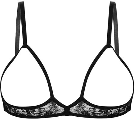 CHICTRY Women's Lace Floral Portrait Open Tip Bra Wire-Free Unlined Push-up Bralette Top Nightwear Black 3XL