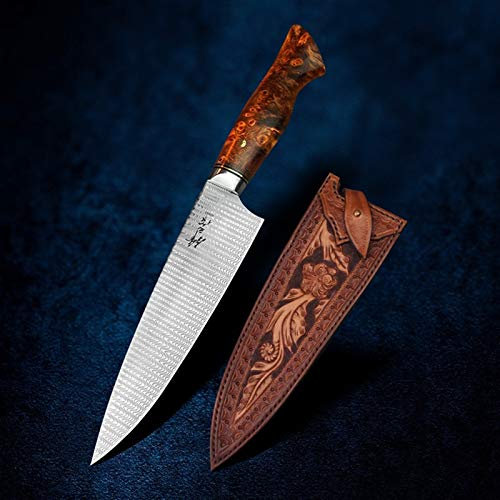 Coltello da cucina da cuoco da 7 pollici Damasco Coltello Giapponese Giapponese Cucina professionale Utensili da cucina a mano Guaina in pelle scolpita a mano 6 0hrc. Coltello da chef