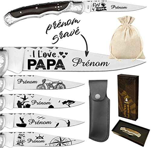 Gravure Events - Couteau Marque Laguiole Bougna personnalisé avec dessin et prénom gravé. Cadeau pour homme : fête des pères, papa, Papi, papy anniversaire, noël, Saint Valentin