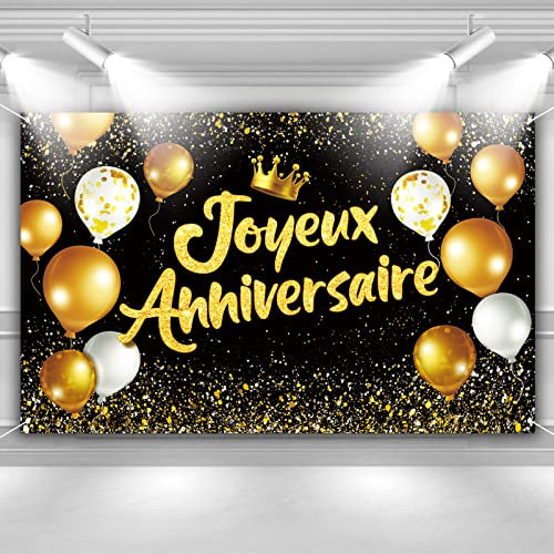 Décor de Photo Joyeux Anniversaire Banderole 1.1 x 1.8m Toile de Fond Grand Tissu de Photographie Bannière Or Noir pour Fête Anniversaire