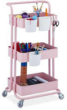 Relaxdays Carrello da Cucina con Ruote, 3 Ripiani, 2 Freni, Portaoggetti per Bagno e Ufficio, HxLxP 86x38x39 cm, Rosa
