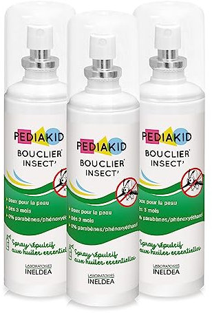 PEDIAKID - Bouclier Insect - Spray répulsif naturel anti-moustiques aux huiles essentielles - Eau florale biologique de Lavandin & Géraniol - Sans paraben - Protection 8H - Dès 3 mois - 3 spray 100ml