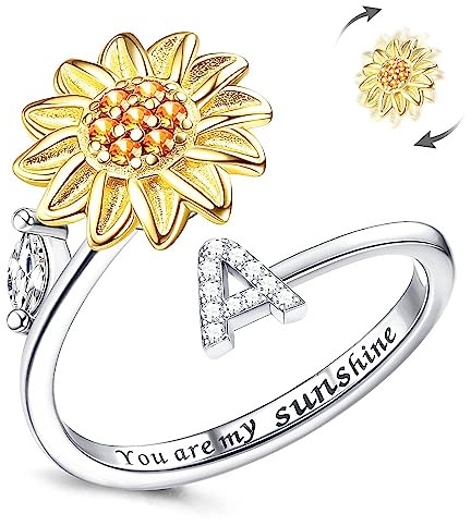Fidget Ringar för kvinnor, Kucheed Sunflower Justerbar Storlek Spinner Ring, Silver Stapelbar Stress Relief Anti-Angest Letter Finger Circle, Graverad You Are My Sunshine Inuti Smyckesringen(A)