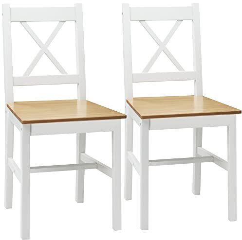 HOMCOM Esszimmerstühle aus Massivholz, 2 Stück, Esprit Landhausstil mit Kreuzlehne, Weiß und Eiche