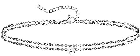 Fußkettchen für Damen mit Buchstaben, Fussketten Lang Edelstahl Doppelkette mit Herz und Buchstabe S Silber Fußschmuck 30cm Frauen Geschenk
