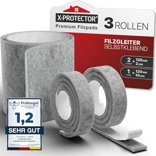 X-Protector Filzgleiter Selbstklebend 3 STK - 120x10cm (1) & 120x2cm (2) | Möbelgleiter Grau - Filz Selbstklebend - Bodenschoner für Stühle - Filzgleiter für Stühle