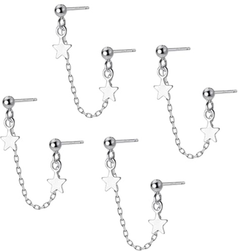 Vexquivera 4PCS Star Dangle Chain Earrings, Double Piercing Earrings, S925 Sterling Silver Minimalist Tassel Chain Ear Studs, Star Earrings for Women Girls Sensitive Ears,