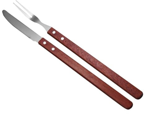 YARNOW Set di Utensili Unici per Carne e Verdure per Barbecue in Acciaio Inox Manico in Legno Coltello e Forchetta per Barbecue All'aperto e Giardino