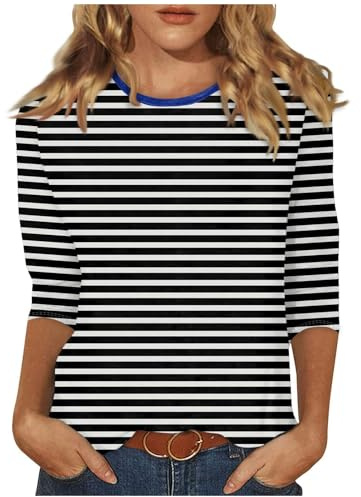 Maglia da donna a 3/4, con stampa a righe, casual, scollo rotondo, a maniche lunghe, leggera, classica, in cotone, a maniche lunghe, comoda