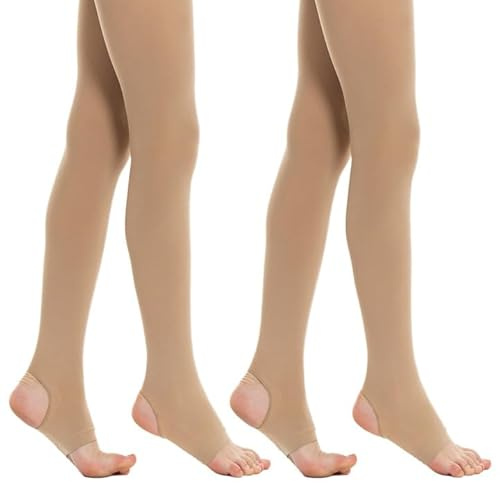 MANZI 2 Pairs Girl's Stirrup Dance Tights Convertible Transition Todder Ballet Tights 40D Nude Large