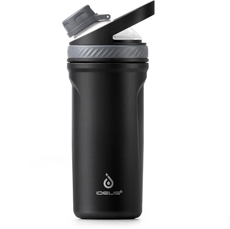 Ideus Shaker Protein Trinkflasche 700ml (24oz)，Doppelwandig Edelstahl Sportflasche mit Mischkugel, Metall Eiweiß Flasche mit Mischkugel, BPA frei, auslaufsicher Schraubverschluss (Schwarz)