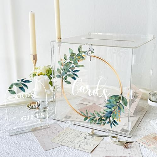 OurWarm Transparente Hochzeitskartenbox für Empfang mit Schloss und Schlitz, dicke Acryl-Kartenbox für Party, große Eukalyptus-Geldgeschenkkarten-Aufbewahrungsbox für Hochzeit, Abschlussfeier,