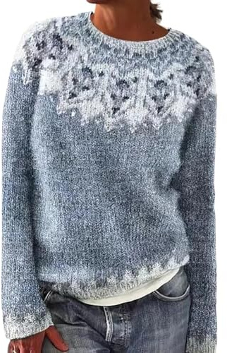 JIABAOZ Norweger Pullover Damen Kaschmir, Eleganter Bunter Strickpullover, Weicher Wollpullover mit Rundhals und Langarm, Warmes Herbst-Winter Outfit in Großen Größen (2XL,Snow Wolf)