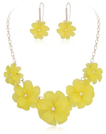 Ever Faith Yellow Flower Statement Necklace Boho Summer Holiday Beach Jewelry Floral Flowers Collar Necklaces with Earrings for Women